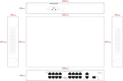 Коммутатор Tiandy TC-P3S019 H/1621/AT/180, 16×PoE, 2×GE Uplink, 1×SFP, 180W
