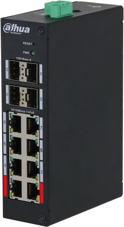 Коммутатор Dahua DH-HS4412-8ET-120, 8×PoE, 4×SFP, 120 Вт, промышленный