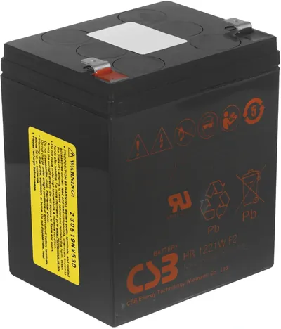 Батарея CSB серия HR, HR1221W F2, напряжение 12В, емкость 5Ач (разряд 20 часов), 21 Вт/Эл при 15-мин. разряде до U кон. - 1.67 В/Эл при 25 °С, макс. ток разряда (5 сек.) 90А, ток короткого замыкания 249А, макс. ток заряда 2.1A, свинцово-кислотная типа AGM,/ Battery CSB series HR, HR1221W F2, voltage 12V, capacity 21 W/C at 15 min. discharge to U fin. - 1.67 V/Cel at 25°C, (discharge 20 hours), max. discharge current (5 sec.) 90A, short circuit current 249A, max. charge current 2.1A, lead-acid ty