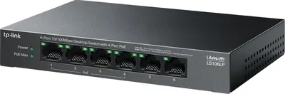 Коммутатор TP-Link LS106LP, 4×100М PoE, PoE-бюджет 41 Вт
