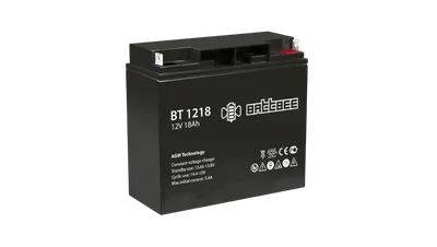 Батарея BattBee, BT 1218, напряжение 12В, емкость 18Ач (разряд 20 часов),  макс. ток разряда (5 сек.) 207А, макс. ток заряда 5.4А, свинцово-кислотная типа AGM, клеммы под гайку и болт M5, ДxШxВ 182х76х167мм., вес 4.5кг., срок службы 3 года.