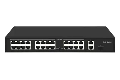ST-NS024MB-GDF - Неадминистрируемый коммутатор, 24 RJ-45 POE порта (10/100 Мбит/с), 2 RJ-45 Uplink порта (1000 Мбит/с), 1 SFP Uplink порт (1000 Мбит/с), бюджет на порт до 30 Вт, общий бюджет до 300 Вт.