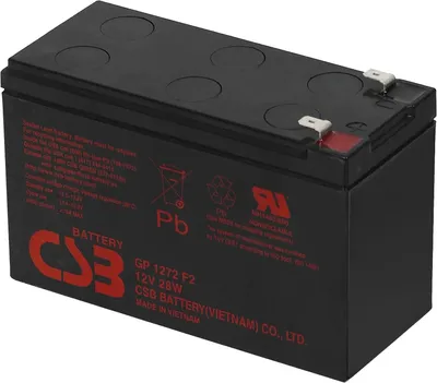 Батарея CSB серия GP, GP1272 F2 (12V28W) , напряжение 12В, емкость 7Ач (разряд 20 часов), емкость 28 Вт/Эл при 15-мин. разряде до U кон. - 1.67 В/Эл при 25 °С, макс. ток разряда (5 сек.) 130А, ток короткого замыкания 304А, макс. ток заряда 2.8A, свинцово-к/ Battery CSB series GP, GP1272 F2 (12V28W), voltage 12V, capacity 28 W/C at 15 min. discharge to U fin. - 1.67 V/Cel at 25°C, (discharge 20 hours), max. discharge current (5 sec.) 130A, short circuit current 304A, max. charge current 2.8A, lea