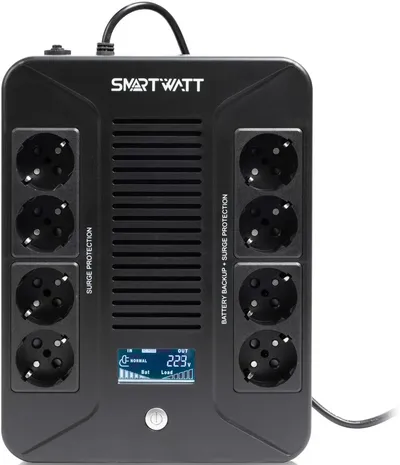ИБП SMARTWATT UPS SAFE PRO LCD 600 Line-interactive 600VA/360W Brick (Euro x8, USB, RJ11/RJ45 protection, LCD, 275x210x9