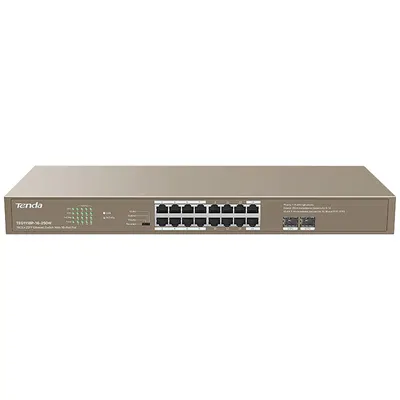 Tenda TEG1118P-16-250W - Коммутатор PoE неуправляемый,  16 портов PoE 10/100/1000 Base-TВ  (IEEE 802.3af/at) автоматически идентифицирует устройства с питанием от PoE. Бюджет PoE 250 Вт и 30 Вт для одного порта, грозозащита портов 6 кВ.