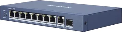 Коммутатор Hikvision 8 RJ45 1000M PoE с грозозащитой 6кВ, 1 Uplink порт 1000М Ethernet,1 1000М SFP uplink порт; бюджет PoE 58Вт;таблица MAC адресов на 4000 записей; пропускная способность 20Гб/с; стандарты PoE: IEEE802.3af, IEEE802.3at; 48 VDC, 1.35 A; -10 °C...+55°C.