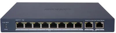 DS-3E1310P-EI/M - Коммутатор, Hikvision, DS-3E1310P-EI/M, Управляемый L2, 8 x 10/100 Mbps , РоЕ 802.3af/at 60W, 2 x Gigabit RJ45, Настольный, Long Range Ports 1 to 8: up to 300 m.