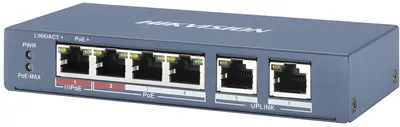 Коммутатор Hikvision 4 RJ45 100M PoE с грозозащитой 6кВ; 2 Uplink порт 100М Ethernet: бюджет PoE 35Вт; поддерживают режим передачи до 300м; таблица MAC адресов на 4000 записей; пропускная способность 1.6 Гб/с; стандарты PoE: IEEE802.3af, IEEE802.3at;48 VDC, 0.8A;  -10 °C...+40°C.