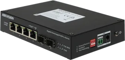Неуправляемый PoE коммутатор DS-3T0506HP-E/HS 3 порта RJ45 1000M PoE + 1 порт RJ45 1000М HiPoE + 2 порта SFP 1000М