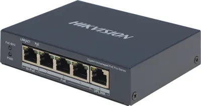 DS-3E0505HP-E - Коммутатор, Hikvision, DS-3E0505HP-E, Неуправляемый, 4 x Gigabit RJ45, РоЕ 802.3af/at/bt 60W, 1 x Gigabit RJ45, Настольный, Long Range Ports 3 to 4: up to 300 m.