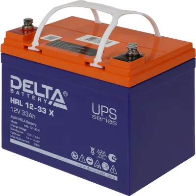 Батарея DELTA серия HRL-X, HRL 12-33 X, напряжение 12В, емкость 33Ач (разряд 10 часов),  макс. ток разряда (5 сек.) 330А, макс. ток заряда 9.9А, свинцово-кислотная типа AGM, клеммы под болт М6, ДxШxВ 195х130х155мм., вес 11.2кг., срок службы 12 лет./ Battery DELTA series HRL-X, HRL 12-33 X, voltage 12V, capacity 33Ah (discharge 10 hours), max. discharge current (5 sec.) 330A, max. charge current 9.9A, lead-acid type AGM, bolt terminals M6, LxWxH 195x130x155mm., weight 11.2kg., service life 12 yea