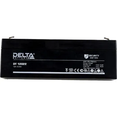 Батарея DELTA серия DT, DT 12022, напряжение 12В, емкость 2.2Ач (разряд 20 часов),  макс. ток разряда (5 сек.) 44А, макс. ток заряда 0.66А, свинцово-кислотная типа AGM, клеммы F1, ДxШxВ 179х35х61мм., вес 0.94кг., срок службы 5 лет./ Battery DELTA series DT, DT 12022, voltage 12V, capacity 2.2Ah (discharge 20 hours), max. discharge current (5 sec.) 44A, max. charge current 0.66A, lead-acid type AGM, terminals F1, LxWxH 179x35x61mm., weight 0.94kg., service life 5 years.