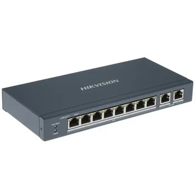 Коммутатор Hikvision 8 RJ45 100M PoE с грозозащитой 6кВ; 2 Uplink порт 1000М Ethernet;бюджет PoE 60Вт; поддерживают режим передачи до 300 м; таблица MAC адресов на 16000 записей; пропускная способность 5.6 Гб/с; стандарты PoE: IEEE802.3af, IEEE802.3at;48 VDC, 1.35 A;  -10 °C...+40°C.