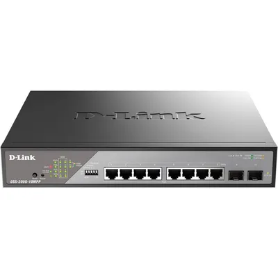 D-Link DSS-200G-10MPP/A1A Настраиваемый L2 коммутатор с 8 портами 10/100/1000Base-T и 2 портами 1000Base-X SFP (8 портов PoE 802.3af/at/bt, PoE-бюджет 242 Вт, дальность до 250 м)