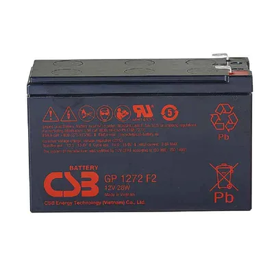 Батарея для ИБП CSB серия GP, GP1272, напряжение 12В, емкость 7.2А·ч (разряд 20 часов), макс. ток разряда (5 сек.) 100А, ток короткого замыкания 304А, макс. ток заряда 2.8A, свинцово-кислотная типа AGM, клеммы F1, ДxШxВ 150.9x64.8x98.6мм., вес 2.4кг., срок службы 5