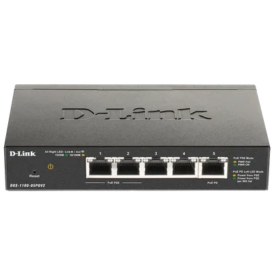 Коммутатор D-Link DGS-1100-05PDV2/A1A, L2, 5×1GbE, 2×PoE, бюджет 18 Вт