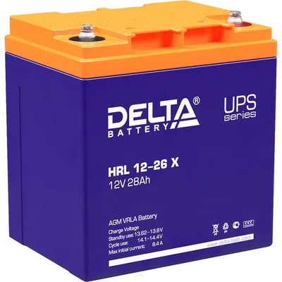 Батарея DELTA серия HRL-X, HRL 12-26 X, напряжение 12В, емкость 28Ач (разряд 10 часов),  макс. ток разряда (5 сек.) 310А, макс. ток заряда 7.8А, свинцово-кислотная типа AGM, клеммы под болт М5, ДxШxВ 165х125х175мм., вес 9.6кг., срок службы 12 лет./ Battery DELTA series HRL-X, HRL 12-26 X, voltage 12V, capacity 28Ah (discharge 10 hours), max. discharge current (5 sec.) 310A, max. charge current 7.8A, lead-acid AGM type, M5 bolt terminals, LxWxH 165x125x175mm, weight 9.6kg, service life 12 years.