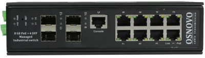 Промышленный PoE коммутатор Gigabit Ethernet OSNOVO SW-80804/ILS(port 90W,300W) Промышленный управляемый (L2+) HiPoE коммутатор Gigabit Ethernet на 8GE PoE + 4GE SFP порта. С функцией мониторинга температуры/влажности/напряжения. Порты: 1 x GE (