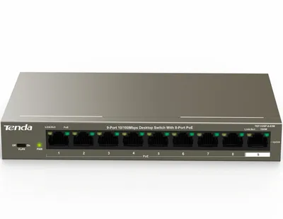 Коммутатор Tenda TEF1109P-8-63W, 9×100 Мбит/с, 8×PoE, 58 Вт, Desktop