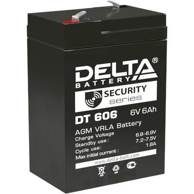 Батарея DELTA серия DT, DT 606, напряжение 6В, емкость 6Ач (разряд 20 часов),  макс. ток разряда (5 сек.) 90А, макс. ток заряда 1.8А, свинцово-кислотная типа AGM, клеммы F1, ДxШxВ 70х48х101мм., вес 0.81кг., срок службы 5 лет./ Battery DELTA series DT, DT 606, voltage 6V, capacity 6Ah (discharge 20 hours), max. discharge current (5 sec.) 90A, max. charge current 1.8A, lead-acid type AGM, terminals F1, LxWxH 70x48x101mm., weight 0.81kg., service life 5 years.