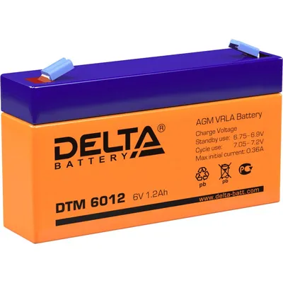Батарея DELTA серия DTM, DTM 6012, напряжение 6В, емкость 1.2Ач (разряд 20 часов),  макс. ток разряда (5 сек.) 18А, макс. ток заряда 0.345А, свинцово-кислотная типа AGM, клеммы F1, ДxШxВ 97х24х52мм., вес 0.31кг., срок службы 6 лет./ Battery DELTA series DTM, DTM 6012, voltage 6V, capacity 1.2Ah (discharge 20 hours), max. discharge current (5 sec.) 18A, max. charge current 0.345A, lead-acid type AGM, terminals F1, LxWxH 97x24x52mm., weight 0.31kg., service life 6 years.