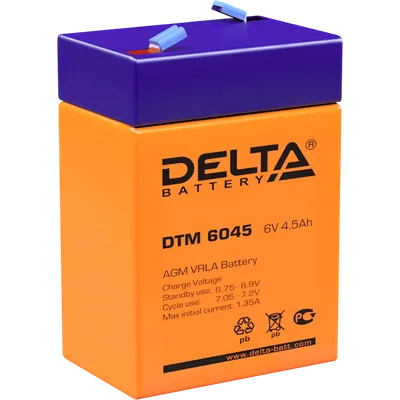 Батарея DELTA серия DTM, DTM 6045, напряжение 6В, емкость 4.5Ач (разряд 20 часов),  макс. ток разряда (5 сек.) 67.5А, макс. ток заряда 1.32А, свинцово-кислотная типа AGM, клеммы F1, ДxШxВ 70х47х101мм., вес 0.78кг., срок службы 6 лет./ Battery DELTA series DTM, DTM 6045, voltage 6V, capacity 4.5Ah (discharge 20 hours), max. discharge current (5 sec.) 67.5A, max. charge current 1.32A, lead-acid type AGM, terminals F1, LxWxH 70x47x101mm., weight 0.78kg., service life 6 years.