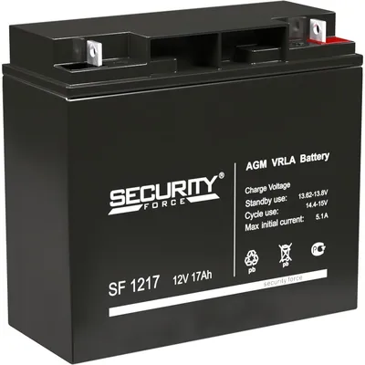 Батарея SECURITY FORCE серия SF, SF 1217, напряжение 12В, емкость 17Ач (разряд 20 часов),  макс. ток разряда (5 сек.) 18А, макс. ток заряда 5.1А, свинцово-кислотная типа AGM, клеммы под гайку и болт M6, ДxШxВ 181х77х167мм., вес кг., срок службы 3-5 лет./ Battery SECURITY FORCE series SF, SF 1217, voltage 12V, capacity 17Ah (discharge 20 hours), max. discharge current (5 sec.) 18A, max. charge current 5.1A, lead-acid type AGM, terminals for nut and bolt M6, LxWxH 181x77x167mm., weight kg., servic