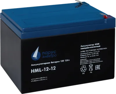 Battery Parus Electro, professional series HML-12-12, voltage 12V, capacity 12Ah (discharge 20 hours), max. discharge current (5sec) 180A, max. charge current 4.8A, lead-acid type AGM, terminals F2, LxWxH 151x98x95mm., full height with terminals 101mm., weight 4kg., service life 12 years.
