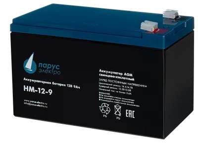 Battery Parus Electro, standard series HM-12-9, voltage 12V, capacity 9Ah (discharge 20 hours), max. discharge current (5sec) 135A, max. charge current 3.6A, lead-acid type AGM, terminals F2, LxWxH 151x65x94mm., total height with terminals 100mm., weight 2.65kg., service life 6 years.