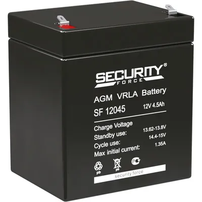 Батарея SECURITY FORCE серия SF, SF 12045, напряжение 12В, емкость 4.6Ач (разряд 20 часов),  макс. ток разряда (5 сек.) 60А, макс. ток заряда 1.35А, свинцово-кислотная типа AGM, клеммы F1, ДxШxВ 90х70х101мм., вес кг., срок службы 3-5 лет./ Battery SECURITY FORCE series SF, SF 12045, voltage 12V, capacity 4.6Ah (discharge 20 hours), max. discharge current (5 sec.) 60A, max. charge current 1.35A, lead-acid type AGM, terminals F1, LxWxH 90x70x101mm., weight kg., service life 3-5 years.