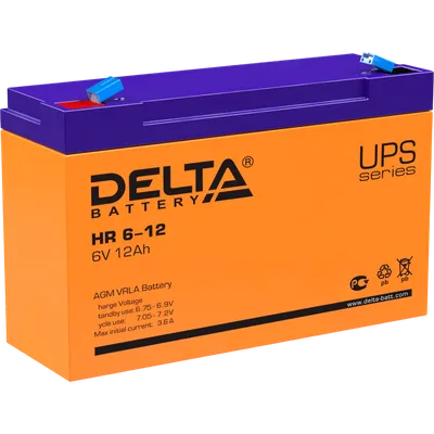 Батарея DELTA серия HR, HR 6-12, напряжение 6В, емкость 12Ач (разряд 20 часов),  макс. ток разряда (5 сек.) 175А, макс. ток заряда 3.6А, свинцово-кислотная типа AGM, клеммы F1, ДxШxВ 151х50х94мм., вес 1.85кг., срок службы 8 лет./ Battery DELTA series HR, HR 6-12, voltage 6V, capacity 12Ah (discharge 20 hours), max. discharge current (5 sec.) 175A, max. charge current 3.6A, lead-acid type AGM, terminals F1, LxWxH 151x50x94mm., weight 1.85kg., service life 8 years.