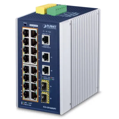 Коммутатор PLANET IGS-20160HPT, L2+/L4, 16×PoE+ 1GbE, 2×1GbE, 2×SFP, Industrial
