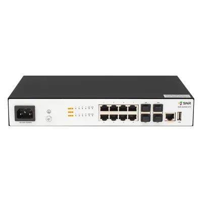 SNR SNR-S5210G-8TX-UPS Управляемый коммутатор уровня 2+, 8 портов 10/100/1000Base-T, 4 порта 1/10G SFP+, встроенный БП ~220V AC, разъем для АКБ 12V с возможностью заряда