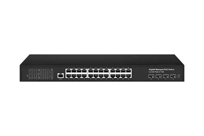 Управляемый L3 PoE коммутатор на 24xGE RJ-45 c PoE + 4х10G SFP+ порта. Порты: 2 x GE (10/100/1000 Base-T) с PoE (до 90W, A+B) + 22 x GE (10/100/1000 Base-T) с поддержкой PoE (IEEE 802.3af/at), 4 x 10G SFP+ Uplink. Консольный порт. Соответствует стандартам PoE IEEE 802.3af/at/bt. Автоматическое определение и режим антизависания PoE устройств. Мощность PoE на порт - до 30W. Суммарная мощность PoE до 400W. Поддержка режима CCTV: Увеличение расстояния передачи данных и