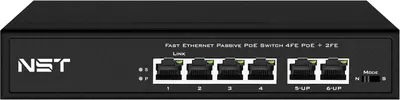 PoE коммутатор Fast Ethernet на 6 RJ45 портов. Порты: 4 х FE (10/100 Base-T) с поддержкой PoE (IEEE 802.3af/at), 2 x FE (10/100 Base-T) Uplink. Соответствует стандартам PoE IEEE 802.3af/at. Автоматическое определение и режим антизависания PoE устройств. Мощность PoE на порт - до 30W. Суммарная мощность PoE -  до 80W. Поддержка режима CCTV: Увеличение расстояния передачи данных и питания до 250м, изоляция портов (VLAN). Встроенная грозозащита 3кВ. Питание: AC100-240V