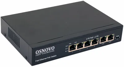 OSNOVO SW-20600(80W) - PoE коммутатор Fast Ethernet на 6 RJ45 портов. Порты: 4 х FE (10/100 Base-T) с поддержкой PoE (IEEE 802.3af/at), 2 x FE (10/100 Base-T) Uplink. Мощность PoE на порт - до 30W. Суммарная мощность PoE -  до 80W