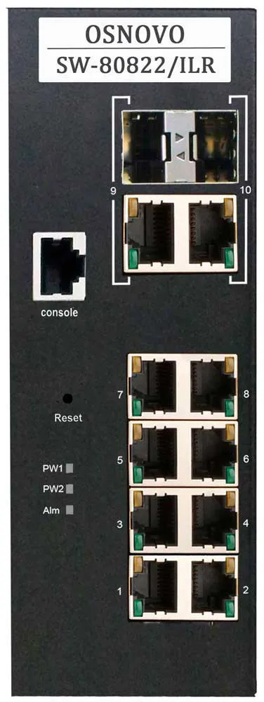 Промышленный PoE коммутатор Gigabit Ethernet OSNOVO SW-80822/ILR Промышленный управляемый (L2+) PoE коммутатор Gigabit Ethernet на 12 портов. Порты: 2 x GE (10/100/1000Base-T) с PoE BT (до 90W) + 6 x GE (10/100/1000Base-T) с PoE (до 30W) + 2 x G