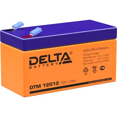 Батарея DELTA серия DTM, DTM 12012, напряжение 12В, емкость 1.2Ач (разряд 20 часов),  макс. ток разряда (5 сек.) 18А, макс. ток заряда 0.36А, свинцово-кислотная типа AGM, клеммы F1, ДxШxВ 97х43х52мм., вес 0.61кг., срок службы 6 лет./ Battery DELTA series DTM, DTM 12012, voltage 12V, capacity 1.2Ah (discharge 20 hours), max. discharge current (5 sec.) 18A, max. charge current 0.36A, lead-acid type AGM, terminals F1, LxWxH 97x43x52mm., weight 0.61kg., service life 6 years.