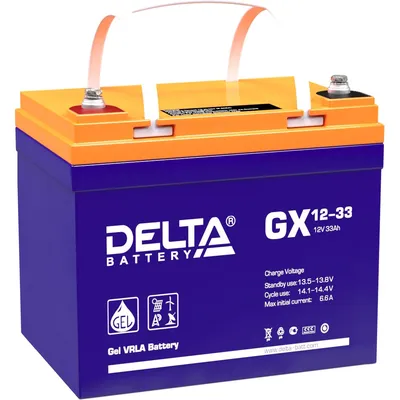 Батарея DELTA серия GX, GX 12-33, напряжение 12В, емкость 33Ач (разряд 20 часов),  макс. ток разряда (5 сек.) 330А, макс. ток заряда 6.5А, свинцово-кислотная типа GEL, клеммы под болт М6, ДxШxВ 195х130х155мм., вес 11кг., срок службы 15 лет./ Battery DELTA series GX, GX 12-33, voltage 12V, capacity 33Ah (discharge 20 hours), max. discharge current (5 sec.) 330A, max. charge current 6.5A, lead-acid GEL type, M6 bolt terminals, LxWxH 195x130x155mm., weight 11kg., service life 15 years.