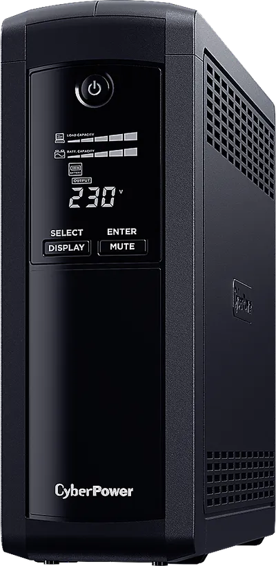 VP1600ELCD - Источник бесперебойного питания, CyberPower, VP1600ELCD, Мощность 1600ВА/960Вт, VP-серия, Линейно-интерактивный, Напольный, LCD/USB/RJ11/RJ45/RS-232, AVR: 167-295В, АКБ 12В/9Ач*2 шт., Вых: 5xSchuko, Чёрный