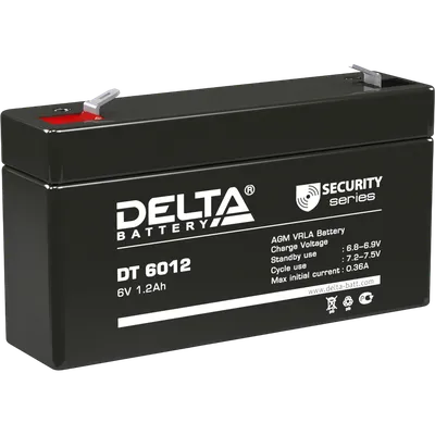 Батарея DELTA серия DT, DT 6012, напряжение 6В, емкость 1.2Ач (разряд 20 часов),  макс. ток разряда (5 сек.) 16.2А, макс. ток заряда 0.36А, свинцово-кислотная типа AGM, клеммы F1, ДxШxВ 97х24х51мм., вес 0.29кг., срок службы 5 лет./ Battery DELTA series DT, DT 6012, voltage 6V, capacity 1.2Ah (discharge 20 hours), max. discharge current (5 sec.) 16.2A, max. charge current 0.36A, lead-acid type AGM, terminals F1, LxWxH 97x24x51mm., weight 0.29kg., service life 5 years.