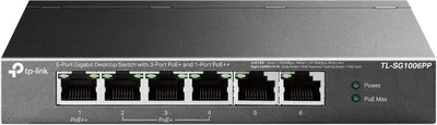 TL-SG1006PP - 5-портовый настольный гигабитный коммутатор с 3 портами PoE+ и 1 портом PoE++. Порты: 1 х гигабитный порт PoE++, 3 х гигабитных порта PoE+, 2 х гигабитных порта без PoE, TP-link