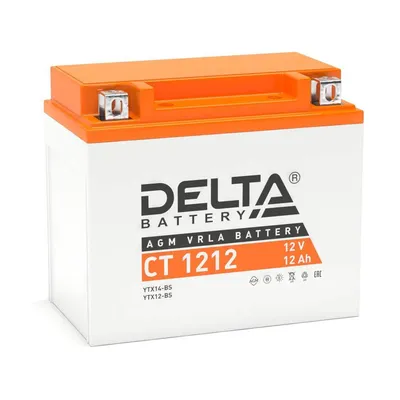 Стартерный мото аккумулятор Delta CT 1212 12В/12Ач, клемма Болт + гайка Ø 6 мм (150х86х131мм (136мм); 3,41кг; Срок служб
