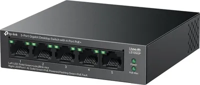 Коммутатор TP-Link LS105GP, 5×1GbE, 4×PoE+ 65 Вт, настольный