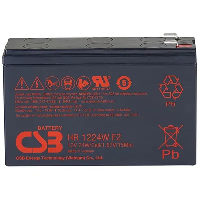 Батарея CSB серия HR, HR1224W F2 F1, напряжение 12В, емкость 6Ач (разряд 20 часов), 24 Вт/Эл при 15-мин. разряде до U кон. - 1.67 В/Эл при 25 °С, макс. ток разряда (5 сек.) 130А, ток короткого замыкания 260А, макс. ток заряда 2.4A, свинцово-кислотная типа/ Battery CSB series HR, HR1224W F2 F1, voltage 12V, capacity 24 W/C at 15 min. discharge to U fin. - 1.67 V/Cel at 25°C, (discharge 20 hours), max. discharge current (5 sec.) 130A, short circuit current 260A, max. charge current 2.4A, lead-acid