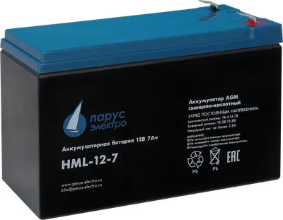 Battery Parus Electro, professional series HML-12-7, voltage 12V, capacity 7.2Ah (discharge 20 hours), max. discharge current (5sec) 140A, max. charge current 2.8A, lead-acid type AGM, terminals F2, LxWxH 151x65x94mm., total height with terminals 101mm., weight 2.5kg., service life 12 years.