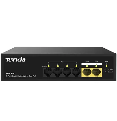 Коммутатор Tenda SG106PC, 6×1GbE, 4×PoE, 55W PoE