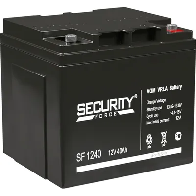 Аккумуляторная батарея/ Battery SECURITY FORCE SF series, SF 1240, voltage 12V, capacity 40Ah (discharge 20 hours), max. Discharge current (5 sec.) 48A, max. charging current 12A, lead-acid AGM type, terminals for nut and bolt M6, LxWxH 197x165x170mm., weight 12.8kg., service life 3-5 years.
