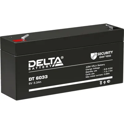 Батарея DELTA серия DT, DT 6033, напряжение 6В, емкость 3.3Ач (разряд 20 часов),  макс. ток разряда (5 сек.) 50А, макс. ток заряда 0.99А, свинцово-кислотная типа AGM, клеммы F1, ДxШxВ 134х34х61мм., вес 0.65кг., срок службы 5 лет./ Battery DELTA series DT, DT 6033, voltage 6V, capacity 3.3Ah (discharge 20 hours), max. discharge current (5 sec.) 50A, max. charge current 0.99A, lead-acid type AGM, terminals F1, LxWxH 134x34x61mm., weight 0.65kg., service life 5 years.