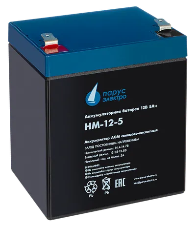 Battery Parus Electro, standard series HM-12-5, voltage 12V, capacity 5Ah (discharge 20 hours), max. discharge current (5sec) 75A, max. charge current 2A, lead-acid type AGM, terminals F2, LxWxH 90x70x101mm., total height with terminals 107mm., weight 1.8kg., service life 6 years.